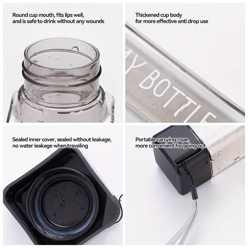 Simple Square Water Bottle, 500ml Plastic Water Cup, Transparent My Bottle With Hanging Rope, Large Mouth Water Cup With Lifting Rope And Lid Simple Square Water Bottle, 500ml Plastic Water Cup, Transparent My Bottle With Hanging Rope, Large Mouth Water Cup With Lifting Rope And Lid